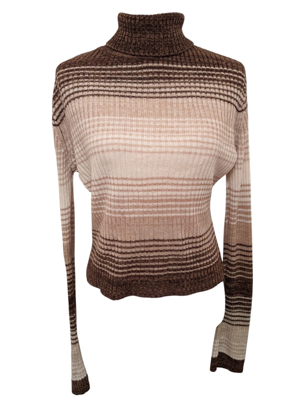 Y2K Striped Sweater Short Turtleneck Brown Tan Rib Knit Sz Large